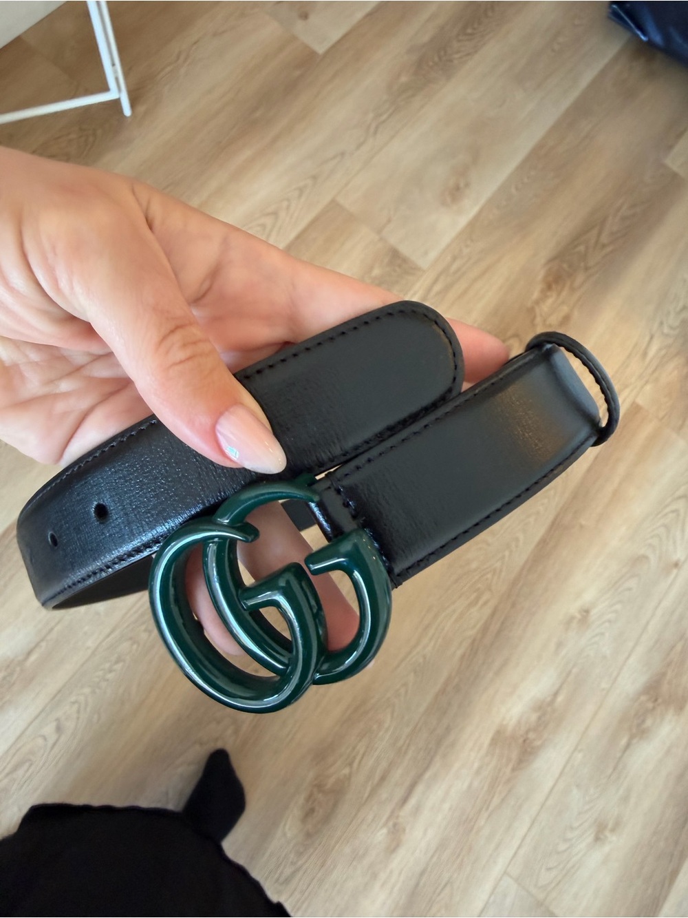 Gucci Black Leather Belt with Dark Green Double G Buckle